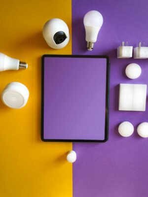 Innovative smart home gadgets arranged in a modern flat lay.