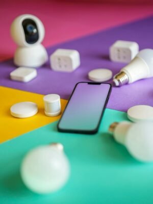 Smart devices arranged on colorful background showcasing modern technology options.